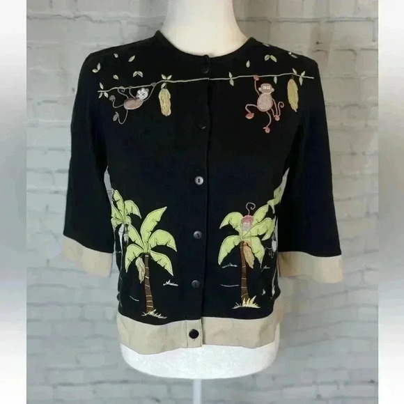 Vintage Onque Casuals Black Button Cardigan Monkeys Bananas Palm Trees Woman’s S - Picture 1 of 12